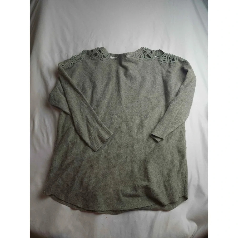 Ember Sage Green Crochet Cutout Pearl Embellished Knit Sweater Womens Large
